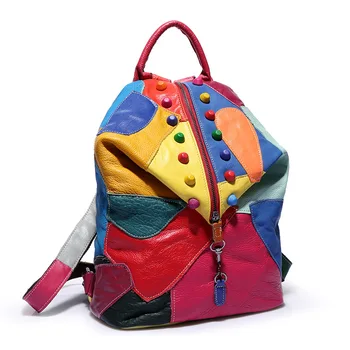 рюкзак унисекс из натуральной кожи материал rianbow черный цвет для девочки в стиле пэчворк дорожная сумка снаружи