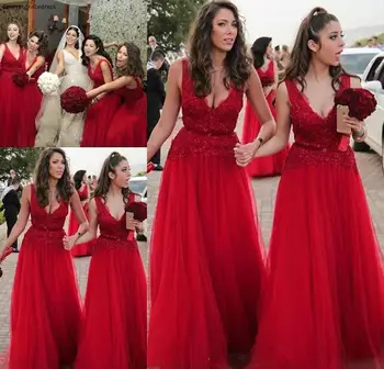Красное длинное платье подружки невесты с V образным вырезом Летнее платье для свадьбы в загородном саду Платье подружки невесты для гостей вечеринки Плюс размер на заказ