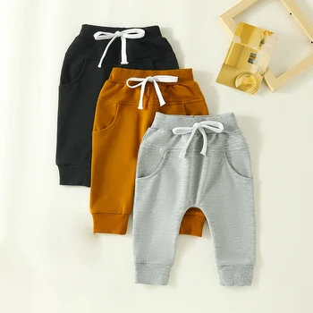 Штаны для новорожденных мальчиков, 3 комплекта спортивных штанов для малышей, джоггеры для бега трусцой, однотонные мягкие штаны для мальчиков с завязками
