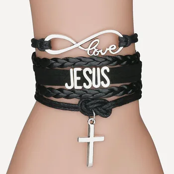 Кожаный браслет Jesus Loves Me, Многослойный Крест, Христианские Кожаные Браслеты для мужчин и женщин