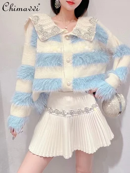 Женский зимний свитер из норки, Новый Корейский стиль, милые бусины тяжелой промышленности, кукольный воротник, утолщенное теплое пальто-кардиган в девчачьем стиле.