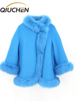 QIUCHEN PJ22030 Зимняя Модная Женская одежда из натурального лисьего меха, Двустороннее Шерстяное Кашемировое пальто средней длины