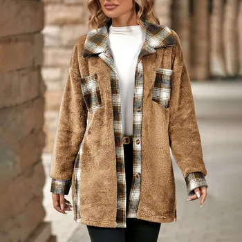 Женская укороченная куртка в клетку с лацканами из овечьей ткани, повседневное пальто, рубашка, пиджак 2023, Однобортный лацкан, женские жилеты средней длины