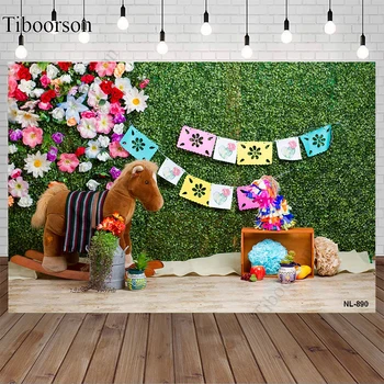 Фон с зеленой травой и цветами, деревянная лошадка, декор для фотосъемки Дня рождения ребенка, Фотостудия, фон для фотосессии с портретом ребенка