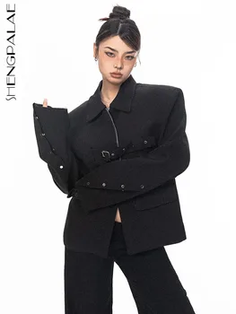 SHENGPALAE, осень 2023, новое женское пальто, модный пояс с лацканами, однотонная подплечная накладка, свободная винтажная куртка, топы, женские 5R6821