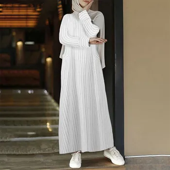 Женское мусульманское молитвенное платье с круглым вырезом и полосатым принтом, исламское макси-платье полной длины с карманами, женское платье Осень 2023