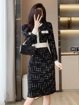 Весенняя новинка в корейской моде, Темпераментное женское платье для поездок на работу, элегантный вязаный свитер с круглым вырезом и длинными рукавами с принтом, юбка