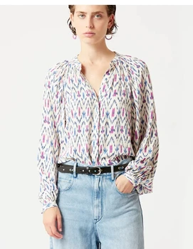 Весенне-летняя рубашка из крепа с абстрактным геометрическим принтом и маленьким воротником-стойкой 2023, удобная блузка
