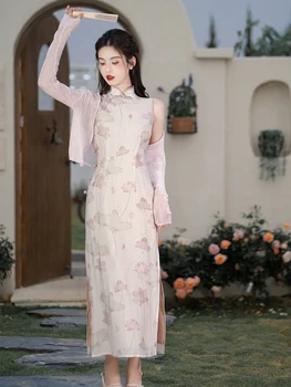 Новое платье Чонсам в китайском стиле без рукавов с принтом и разрезом 2023, повседневное летнее платье для современных девушек, женское платье + вязаный кардиган