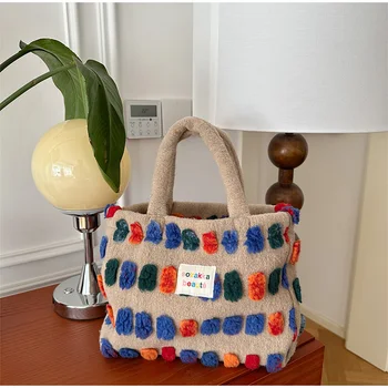 Цветные плюшевые сумки в горошек, большая вместительная сумка через плечо, пушистые сумки-ведра, фирменная холщовая сумка-тоут, сумки через плечо в ретро-дизайне.