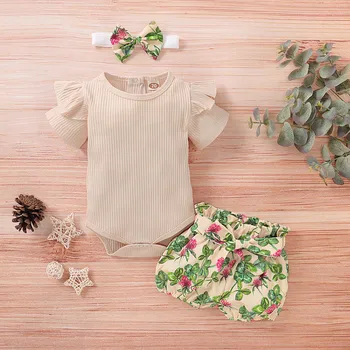 Одежда для новорожденных девочек, комбинезон, боди + Шорты с цветочным принтом, комплект одежды 