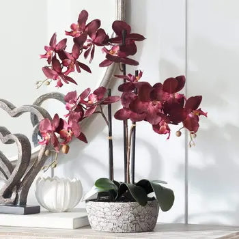 Композиция из искусственного шелка в горшке, реалистичная красная орхидея в хрустящей серой вазе для украшения дома высотой 24 дюйма