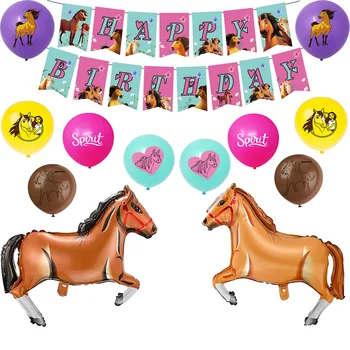Воздушные шары с изображением духа Верхом на лошади, Розовая принцесса, баннер с Днем рождения для маленькой девочки с мультяшной лесной фермой, игрушки для вечеринок