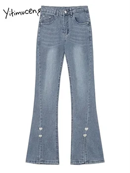 Женские джинсы с разрезом Yitimuceng 2023, Новые модные карманы, однотонные джинсы с высокой талией, винтажные повседневные Шикарные брюки-клеш полной длины