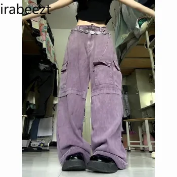 Женские джинсы с чувством дизайна, фиолетовая металлическая цепочка с высокой талией, Множество карманов, прямые широкие брюки для мытья пола, женская одежда