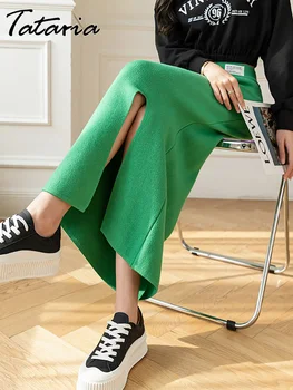 Базовые зеленые трикотажные юбки для женщин 2023, осень-зима, новинка, прямая юбка миди с разрезом по бокам, Элегантные длинные юбки-карандаш