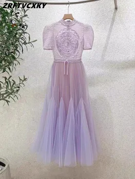 Дизайнерские фиолетовые кружевные сетчатые платья в стиле пэчворк для женщин 2023, Летняя мода, Vestidos Para Mujer, кружевное вечернее платье Миди