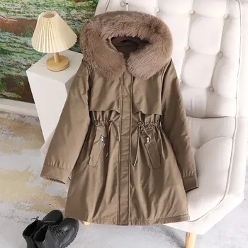 Зимняя женская парка 2023 Модное длинное пальто с шерстяной подкладкой, парки с капюшоном, Тонкая куртка с меховым воротником, женская теплая зимняя одежда с подкладкой