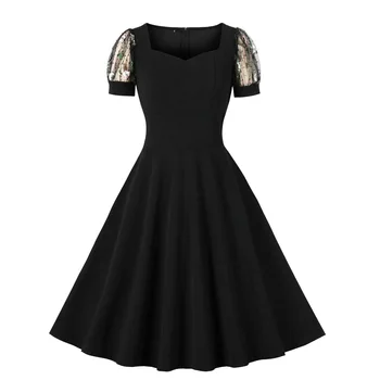 2023 Новые черные платья, женские летние Сетчатые платья с коротким рукавом и цветочной вышивкой, повседневные винтажные платья для вечеринок, vestido