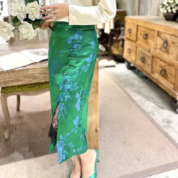 Топовые женские юбки из смеси шелка в китайском стиле, кружевные юбки в стиле пэчворк с разрезом, элегантная леди, универсальная юбка из жаккарда с эластичным поясом, облегающая юбка