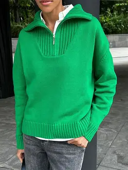 Женский модный однотонный свободный свитер на молнии, Элегантный вязаный пуловер с V-образным вырезом и длинным рукавом 2023, осенние женские повседневные толстые топы