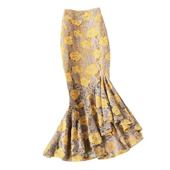 Бесплатная доставка 2021 Модная длинная юбка до середины икры, кружевная женская юбка размера плюс S-4XL в стиле Русалки, стрейчевая женская юбка с высокой талией и цветком