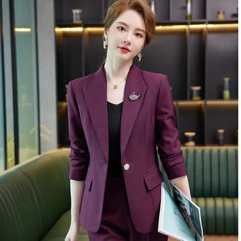Модный фиолетовый блейзер, женские деловые костюмы, комплекты брюк и топов, рабочая одежда, женская офисная форма, женские брючные костюмы