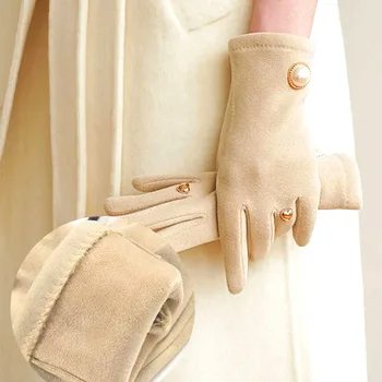 Элегантные женские велосипедные перчатки, зимние теплые плюс бархатные перчатки с сенсорным экраном для женщин, Ветрозащитные замшевые перчатки для вождения с полными пальцами