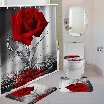 Набор занавесок для душа с цветами розы, нескользящие коврики, коврик для ванны, крышка унитаза и 12 крючков, декор для ванной комнаты из водонепроницаемого полиэстера