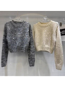 Новейший осенне-зимний дизайнерский свитер HIGH STREET 2024, женский вязаный пуловер с блестками и круглым вырезом, свитер