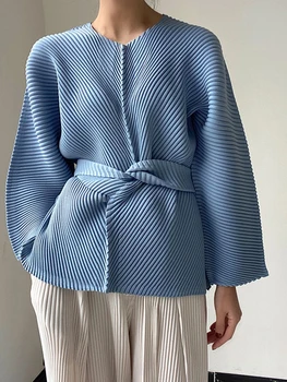 Плиссированный топ Miyake с длинным рукавом, толстовки с V-образным вырезом и поясом, Корейская уличная одежда 2022, осень-зима, дизайнерская Свободная одежда большого размера