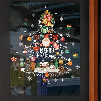 Красочная рождественская елка, белые подвесные фонари, наклейка на окно, Рождественская елка, снежинка, печенье, конфета, старик, наклейка на стену