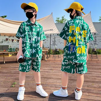 Летний костюм для мальчиков 2023 года, новый стиль детского летнего комплекта из двух предметов boom street tide для мальчиков с коротким рукавом cool