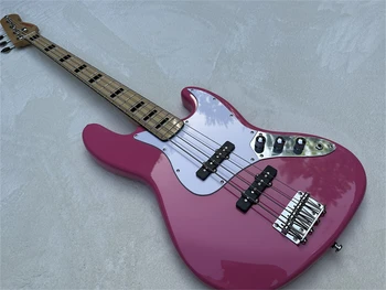 Изготовленный на заказ розовый 4-струнный электрический бас-гитара, кленовый гриф, черный квадрат, хромированная фурнитура, белая накладка
