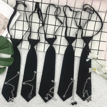 Женская Мужская готическая панковская металлическая цепочка, Предварительно завязанные Черные галстуки, рубашка в японском стиле, Школьная форма, аксессуары для галстуков Оптом