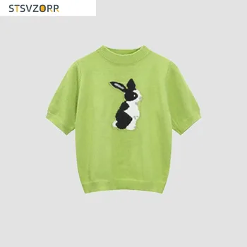 STSVZORR Kawaii Rabbit Жаккардовый Топ, Женская трикотажная футболка с коротким рукавом, Модная Весенне-летняя женская одежда