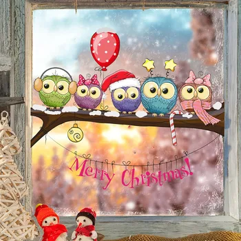 2024 Новогодние Наклейки На Окна для Веселого Рождественского Украшения В рождественском наряде Сова На Ветке Дерева Настенные Наклейки Настенное Окно
