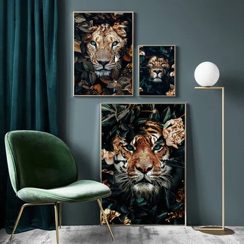 Картина на холсте с животными джунглей, плакаты и принты со львами, лоси, тигры, львы, настенные панно для гостиной, современные декоративные картины