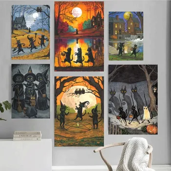 Темный Забавный плакат с котом-монстром, картина для украшения домашнего офиса, спальни, гостиной, кухни