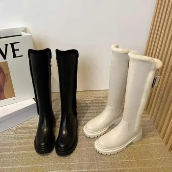 Удобные Зимние ботинки из коровьей кожи большого размера с круглым носком на среднем каблуке и мехом, зимняя обувь, теплые лаконичные сапоги до бедра на молнии