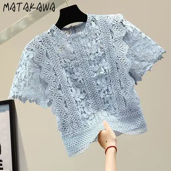 Кружевная футболка Matakawa для женщин, однотонная летняя винтажная открытая элегантная женская одежда, Корейская мода, Ins Sweet Camisetas
