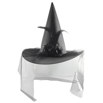 Шляпы ведьмы на Хэллоуин Винтажная шляпа ведьмы Прозрачные кружевные вуали Аксессуары для костюмов на Хэллоуин с принтом для вечеринки на Хэллоуин