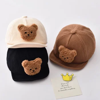 Детская бейсболка с мультяшным медведем для мальчиков и девочек, вельветовые кепки с козырьками, Корейская однотонная шляпа от солнца с мягкими полями, регулируемая для младенцев и малышей 모자