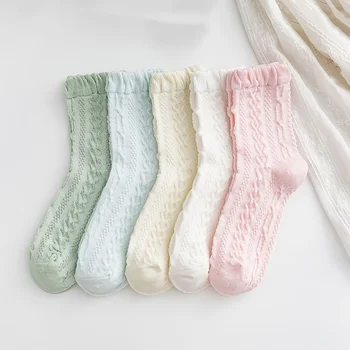 5 пар милых женских носков с рюшами и оборками, тонкие весенне-летние носки для экипажа, женские мягкие дышащие хлопчатобумажные носки