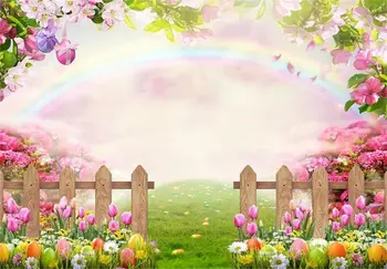 Пасхальный фон Весенний фон для фотосъемки Зеленая трава Розовые цветочные Яйца Радужный баннер для детского дня рождения