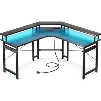 Игровой стол ODK L-образной формы со светодиодной подсветкой и Розетками питания, 51-дюймовый Компьютерный стол с подставкой для монитора, Угловой стол с подстаканником