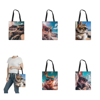 Холщовая сумка-мессенджер с принтом кота Kawaii Cool для покупок, женские дизайнерские пляжные сумки многоразового использования, набор из ткани для студенческих книг.