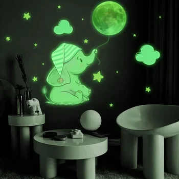 Светящийся Слоненок Луна Наклейка на стену для детской комнаты Потолок спальни Светящийся в темноте Комбинированная наклейка Украшение дома