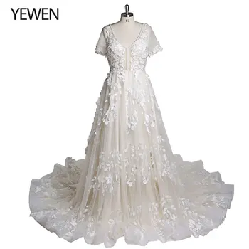 Кружевное свадебное платье цвета светлого шампанского цвета Слоновой кости с V-образным вырезом, Роскошное свадебное платье с цветочным кружевом и коротким рукавом YEWEN