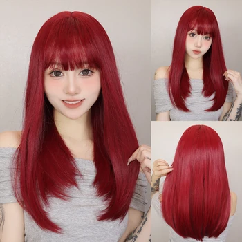 Темно-красный парик с челкой, длинный шелковистый прямой бордовый парик для косплея, волосы из синтетического волокна, высокая температура, для женщин, для вечеринок в афро стиле